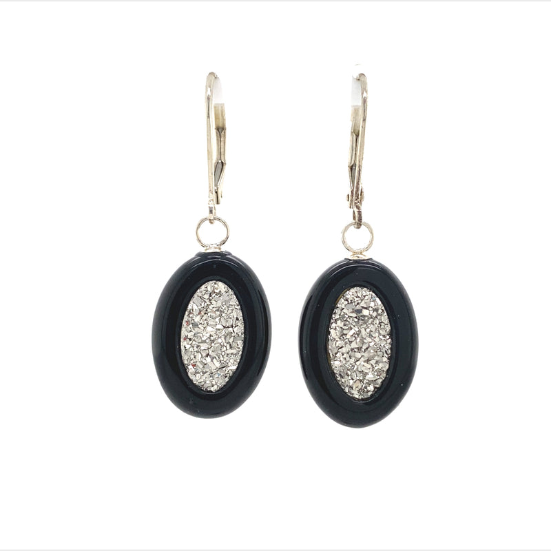Platinum Coated  Drusy Inlayed In Onyx Drop Earrings