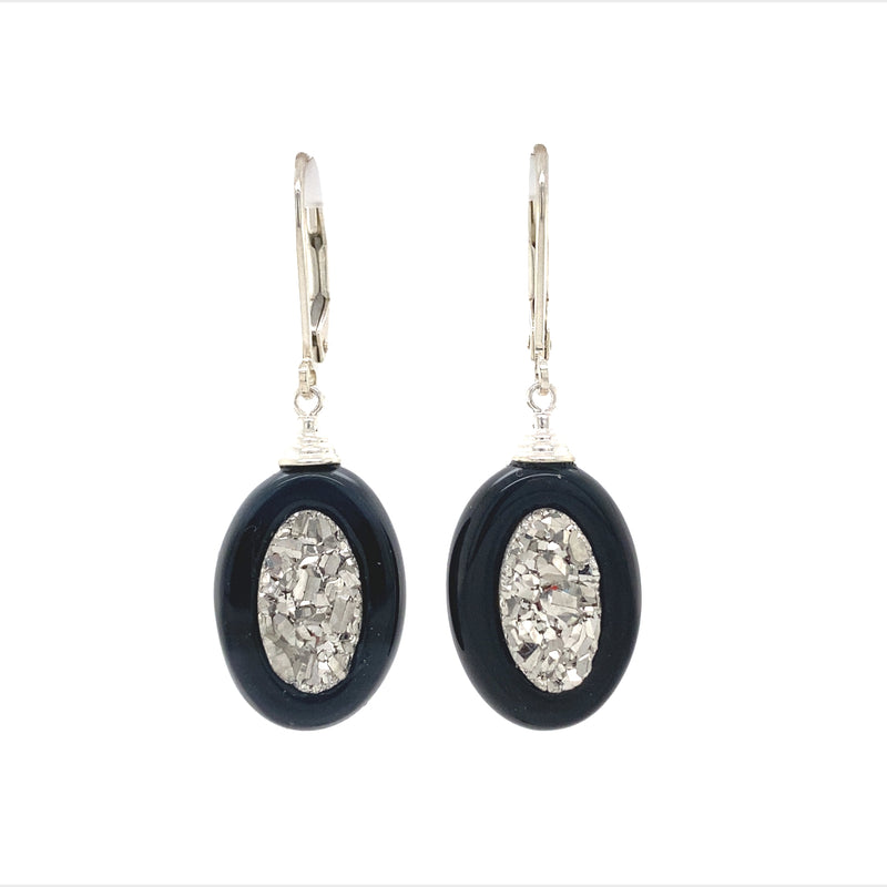 Platinum Coated Drusy Inlayed In Onyx Drop Earrings