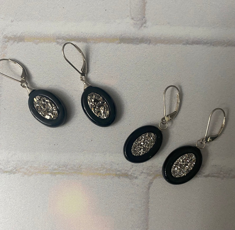 Platinum Coated  Drusy Inlayed In Onyx Drop Earrings